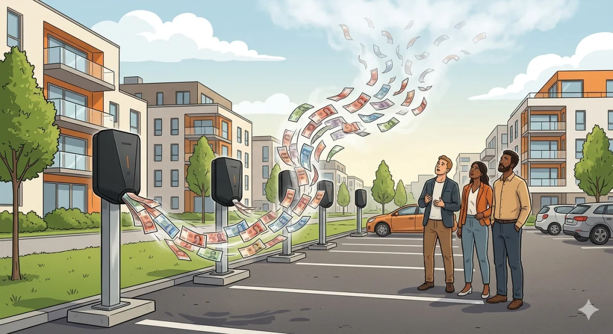 AI generert tegning av tre mennesker som er pengene flyr ut av ladeboksene og opp i skyene